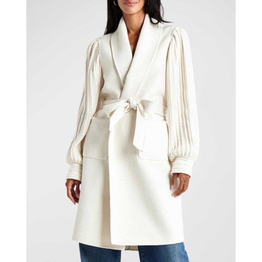 Splendid Cream Shawl Collar Belted Coat with Puff Rib Sleeves